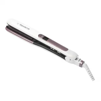 Placa de par Rowenta SF7510F0 BrushStraight Premium Care, LCD, 130 - 200 °C, placi mobile, ionizare, Cashmere Keratin, Alb/Mov