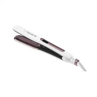 Placa de par Rowenta SF7510F0 BrushStraight Premium Care, LCD, 130 - 200 °C, placi mobile, ionizare, Cashmere Keratin, Alb/Mov