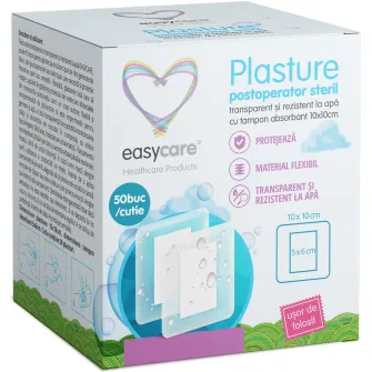 Plasture postoperator steril, transparent si rezistent la apa cu tampon absorbant 10x10 cm Easycare, 50 bucati