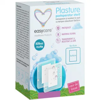 Plasture postoperator steril, transparent si rezistent la apa cu tampon absorbant 10x15 cm Easycare, 50 bucati