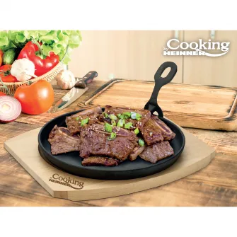 Platou servire rotund Cooking by Heinner, maner detasabil si baza din lemn, fonta, 22 cm