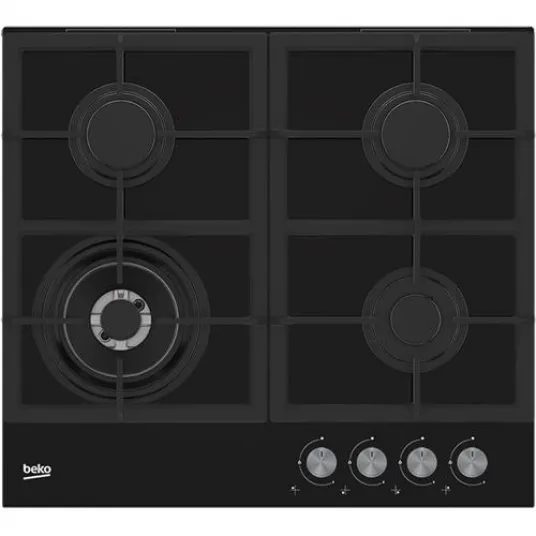 Встраиваемая варочная панель Beko HILW64225S, Газ, 4 конфорки, Конфорка для вока, 60 см, Черное стекло