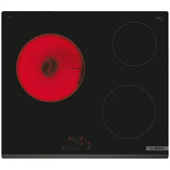 Plita incorporabila Bosch PKM631BB2E, Vitroceramica, 3 zone de gatit, TouchSelect, ReStart, Temporizator, HighSpeed, 60 cm, Negru