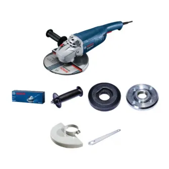 Polizor unghiular Bosch Professional 06018C1120, 2200 W, 6500 RPM, 230 mm diametru disc, M14 arbore slefuire, cheie splinturi, flansa prindere, piulita de strangere, capac protectie, maner suplimentar