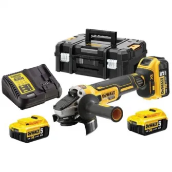Polizor unghiular Dewalt DCG405P3-QW, 18 V, 125 mm diametru disc, 9000 RPM, M14 sistem prindere, aparatoare fara cheie, cheie disc, valiza depozitare, 3 acumulatori 5 Ah, incarcator