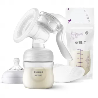 Pompa de san manuala Philips Avent SCF430/20, Tehnologie Natural Motion pentru un debit rapid de lapte, biberon 0+ luni de 125 ml, tampoane de san