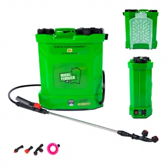 Pompa de stropit cu presiune pe acumulator Micul Fermier MF-PA1003-S001-G01, 12 V 8.0 Ah, rezervor tip rucsac 10 L, debit 2.9 l/min, presiune maxim 5.5 bar, lance telescopica otel 45 - 77 cm, include: incarcator + acumulator 12 V 8.0 Ah