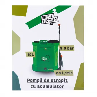 Pompa de stropit cu presiune pe acumulator Micul Fermier MF-PA1003-S001-G01, 12 V 8.0 Ah, rezervor tip rucsac 10 L, debit 2.9 l/min, presiune maxim 5.5 bar, lance telescopica otel 45 - 77 cm, include: incarcator + acumulator 12 V 8.0 Ah