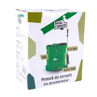 Pompa de stropit cu presiune pe acumulator Micul Fermier MF-PA1003-S001-G01, 12 V 8.0 Ah, rezervor tip rucsac 10 L, debit 2.9 l/min, presiune maxim 5.5 bar, lance telescopica otel 45 - 77 cm, include: incarcator + acumulator 12 V 8.0 Ah