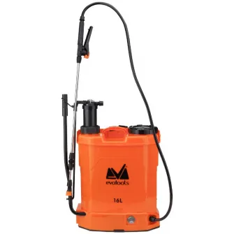 Pompa de stropit cu presiune pe acumulator si actionare manuala Evotools, rezervor tip rucsac 16 L, acumulator 12V 8 Ah, presiune maxim 3 bar, lance telescopica 52 - 99 cm, furtun flexibil 120 cm, 5 duze pentru stropire, utilizare manuala/automata