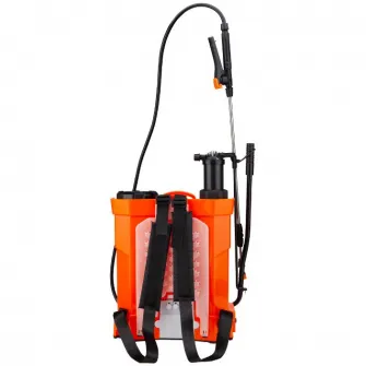 Pompa de stropit cu presiune pe acumulator si actionare manuala Evotools, rezervor tip rucsac 16 L, acumulator 12V 8 Ah, presiune maxim 3 bar, lance telescopica 52 - 99 cm, furtun flexibil 120 cm, 5 duze pentru stropire, utilizare manuala/automata
