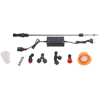 Pompa de stropit cu presiune pe acumulator si actionare manuala Evotools, rezervor tip rucsac 16 L, acumulator 12V 8 Ah, presiune maxim 3 bar, lance telescopica 52 - 99 cm, furtun flexibil 120 cm, 5 duze pentru stropire, utilizare manuala/automata