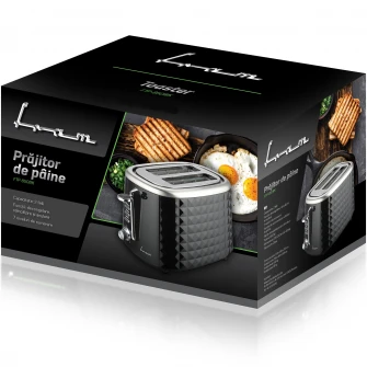 Prajitor de paine FRAM FTP-850BK, 850W, capacitate 2 felii, functii: decongelare, reincalzire si anulare, 7 niveluri de rumenire, functie de autocentrare a feliilor de paine, tavita detasabila pentru firimituri, Negru