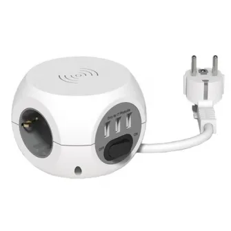 Prelungitor minicub Strohm, cu incarcare prin inductie, 3 prize, 3xUSB, 2.4A, intrerupator, cablu 3 m, Alb