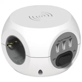 Prelungitor minicub Strohm, cu incarcare prin inductie, 3 prize, 3xUSB, 2.4A, intrerupator, cablu 3 m, Alb