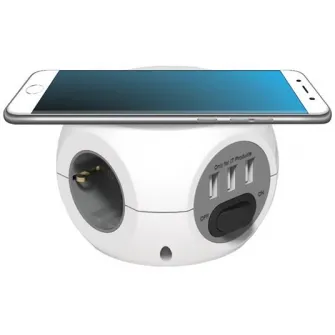 Prelungitor minicub Strohm, cu incarcare prin inductie, 3 prize, 3xUSB, 2.4A, intrerupator, cablu 3 m, Alb