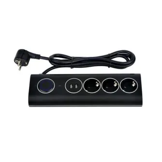 Prelungitor pentru birou Strohm, 3 prize, 2xUSB 2.4A, intrerupator, protectie supratensiune, 1.5m, Negru