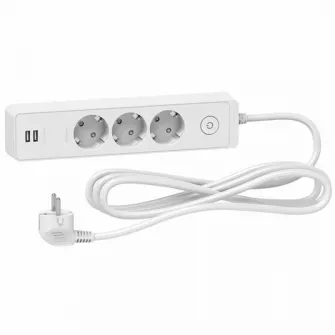 Prelungitor Schneider Unica SCH-ST943U3W, cu intrerupator, 2xUSB 5V 2.4A, 3 prize, protectie copii, 3m, Alb