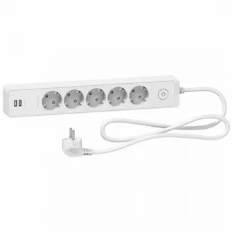 Prelungitor Schneider Unica SCH-ST945U1W, cu intrerupator, 2xUSB 5V 2.4A, 5 prize, protectie copii, Alb