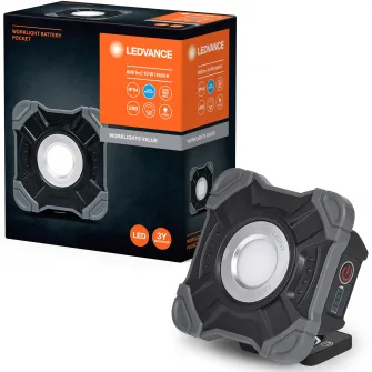 Proiector LED portabil (lampa de lucru) LEDVANCE Pocket, 10W, 800 lm, lumina rece (6500K), IP54, dimabil pe 3 nivele, USB-C, 1 x Lithium 18650 3.7V inclus, Negru/Gri