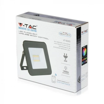 Proiector LED RGB inteligent V-TAC 5985, Bluetooth, 20W, 1400 lm, A++, lumina colorata si alba, Aluminiu, Negru