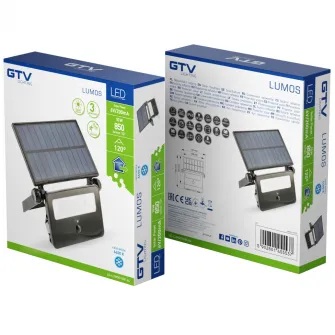 Proiector LED solar cu senzor de miscare GTV Lumos LD-LUMOS10W-64, cu telecomanda, 10W, 850 lm, acumulator 2600 mAh, IP65, Negru
