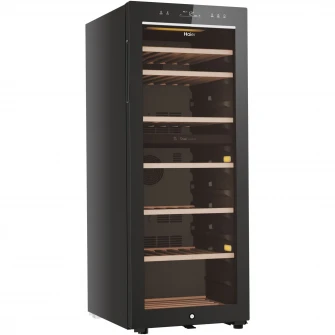 Racitor de vinuri Haier HWS77GDAU1, 77 sticle, WiFi, LED, Dual zone, Usa reversibila, Clasa G, H 127 cm, Negru