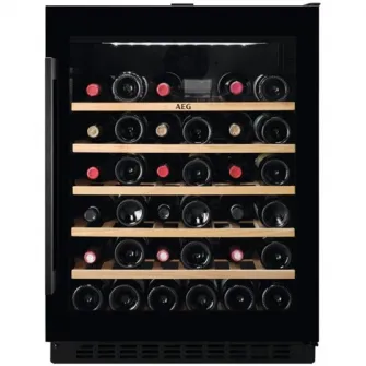 Racitor de vinuri incorporabil AEG AWUS052B5B, 145 l, 52 sticle, Control electronic, Rafturi lemn, Usa reversibila, Clasa G, H 82 cm, Negru