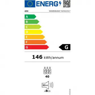Racitor de vinuri incorporabil AEG NSW8D826GT, 40 sticle, 122 l, Control electronic, Zona dubla de control, Motor Inverter, Indicator temperatura, Usa reversibila, Clasa G, H 82 cm, Negru
