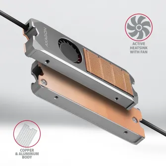 Radiator Activ Axagon CLR-M2FAN, pentru M.2 SSD, Suport SSD 80 mm, Aluminiu, Pad-uri termice silicon incluse