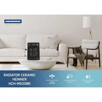Radiator ceramic HEINNER HCH-MD20BK, 1200/2000W, Afisaj led, Control tactil, Temporizator 24h, Termostat digital, Element de incalzire PTC, Protectie impotriva rasturnarii, Protectie supraincalzire, Negru