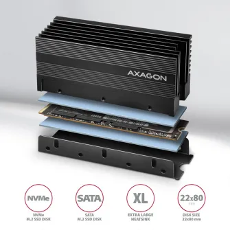 Radiator Pasiv Axagon CLR-M2XL, pentru M.2 SSD, Suport SSD 80 mm, Aluminiu, Pad-uri termice silicon incluse
