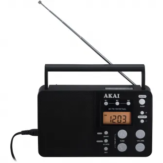Radio portabil AKAI APR-200, ceas desteptator, AM/FM, negru