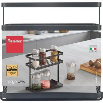Raft cu tavita si 2 etaje pentru condimente Metaltex Tokyo Lava Touch-Therm, 23x11x22cm; culoare negru mat, aspect fier forjat
