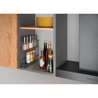Raft glisant pentru dozatoare condimente Metaltex InOut Lava, 6x28x22cm, sistem de fixare cu banda adeziva 3M, metal tratat Touch-Therm, culoare negru mat, aspect fier forjat