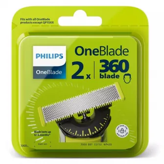 Rezerva OneBlade 360, QP420/50, otel inoxidabil, umed si uscat, kit 2 lame,compatibil orice model Philips OneBlade si OneBladePro, Verde