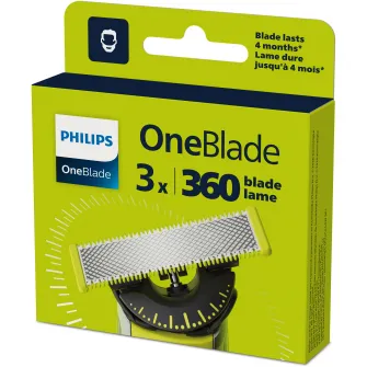 Rezerva OneBlade 360, QP430/50, otel inoxidabil, umed si uscat, kit 3 lame,compatibil cu Philips OneBlade si OneBladePro, Verde