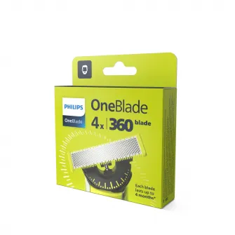 Rezerva OneBlade 360, QP440/50, otel inoxidabil, umed si uscat, kit 4 lame,compatibil cu Philips OneBlade si OneBladePro, Verde