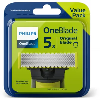 Rezerva OneBlade QP250/50, otel inoxidabil, umed si uscat, kit 5 lame,compatibil cu Philips OneBlade si OneBladePro, Verde
