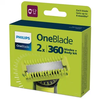 Rezerva OneBlade QP624/50, set fata si Corp: 2 lame 360 + 2 accesorii (pieptene pentru corp si accesoriu pentru protectie a zonelor intime/sensibile).