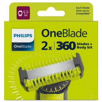 Rezerva OneBlade QP624/50, set fata si Corp: 2 lame 360 + 2 accesorii (pieptene pentru corp si accesoriu pentru protectie a zonelor intime/sensibile).