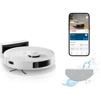 Robot de aspirare Bosch BCRC1W, aspirare&spalare, statie de incarcare, putere maxima 11000 PA, Navigare 360° LiDAR, Funcție Reduced Tangling, recipient praf 0.4 L, Home Connect, Alb