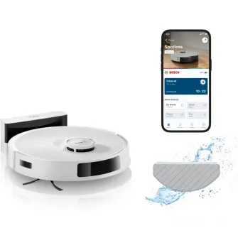 Robot de aspirare Bosch BCRC2W, aspirare&spalare, Statie de incarcare, putere maxima 11000 PA, Navigare 360° LiDAR, Funcție Reduced Tangling, recipient praf 0.4 L, Home Connect, Alb