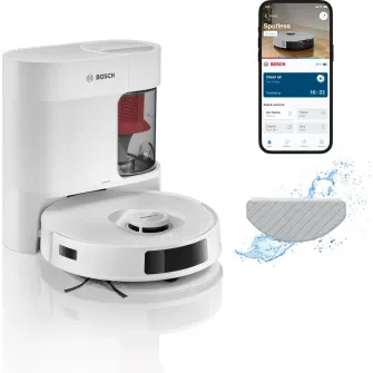 Robot de aspirare Bosch BCRD1W, aspirare&spalare, Statie de golire, putere maxima 11000 PA, Navigare 360° LiDAR, Funcție Reduced Tangling, recipient praf 0.4 L , Home Connect, Alb