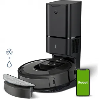 Robot de aspirare cu mop, iRobot Combo i8+, i857840, golire automata in CleanBase, sistem de curatare Aeroforce in 4 etape, recipient lavabil, navigare iAdapt, 10 harti in aplicatia iRobot Home, Dirt Detect, zone keep out, negru