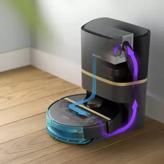 Robot de aspirare Philips Seria 7000 Aqua XU7100/01, aspirator si mop, statie de golire automata, Pa 5000, 5200 mAh, autonomie pana la 180 min, 6 senzori, sac de praf 3L, 5 harţi, 4 niveluri, filtru EPA11 lavabil, aplicatie HomeRun, negru/auriu