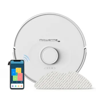 Robot de aspirare Rowenta X-Plorer S75 Animal  Allergy RR8567WH, 31W, curatare 4 in 1, sistem Smart Aqua Power, recipient praf 0.3L, recipient apa 0.3L, 3 senzori de cadere, statie de incarcare, putere aspirare 2700 Pa, autonomie 120 min, alb