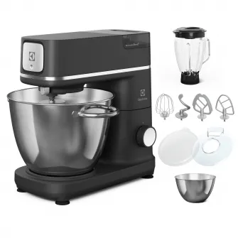 Robot de bucatarie Electrolux E6KM1-8BPT, 1200 W, corp full metal, 10 viteze + Pulse, 2 x bol inox (6 litri + 4 litri), lumina LED pentru bol, capac PerfectRiseLid pentru dospire aluat, protectie anti-stropire, antracit