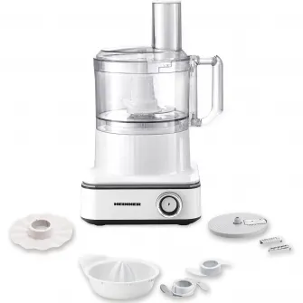 Robot de bucatarie Heinner FineGourmet FHP-K1000WP, 1000W, 6 viteze+pulse, bol procesare: 2.3L, lame inox, disc framantare, 3 lame feliere, disc emulsifiere, cana plastic 1.5l, storcator citrice, alb