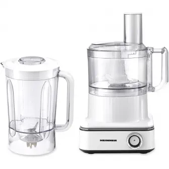 Robot de bucatarie Heinner FineGourmet FHP-K1000WP, 1000W, 6 viteze+pulse, bol procesare: 2.3L, lame inox, disc framantare, 3 lame feliere, disc emulsifiere, cana plastic 1.5l, storcator citrice, alb